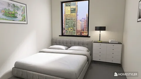 Modern bedroom design featuring a cozy bed setup with soft linens, showcasing a city skyline view through the window, enhancing space value through effective use of natural light; includes Homestyler's real-time 3D rendering feature for quick visualization.