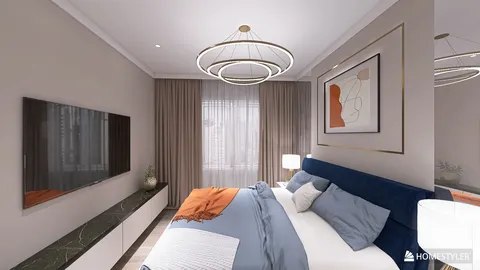 Cozy bedroom interior featuring a modern bed arrangement with stylish decor, complemented by contemporary lighting fixtures, emphasizing relaxation and comfort using Homestyler's real-time 3D rendering feature.