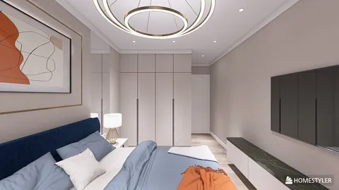 Modern bedroom design featuring a cozy bed arrangement with decorative pillows, showcasing a sleek wardrobe and contemporary lighting, optimized for interior decor inspiration using Homestyler's real-time 3D rendering feature.