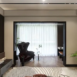 Elegant armchair placed in a modern room with natural light streaming through sheer curtains, showcasing a contemporary interior design; features Homestyler's real-time 3D rendering for accurate interior visualization.