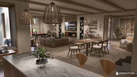 Modern living space featuring a cozy dining area and elegant seating arrangement, designed to enhance interior comfort and aesthetics, utilizing Homestyler's real-time 3D rendering functionality.