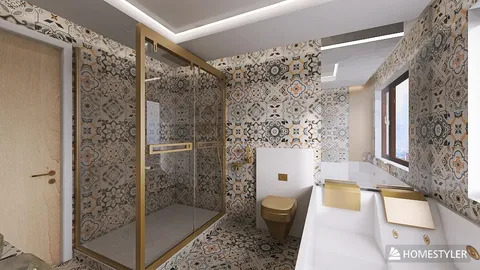 bathroom design featuring patterned tiles and modern fixtures, showcasing a stylish renovation proposal with Homestyler's real-time 3D rendering feature.