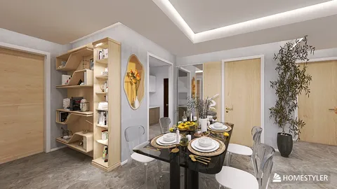modern dining area showcasing a glass table setup with artistic decor and wooden shelving, creating a cozy dining experience in an apartment setting, utilizing Homestyler's real-time 3D rendering feature.