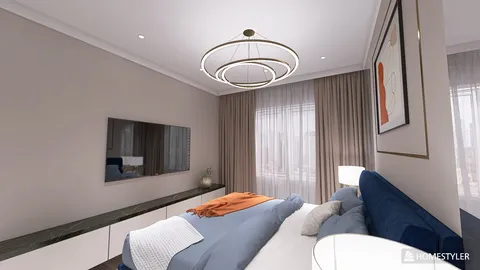 modern bedroom design featuring a stylish chandelier and a soft color palette, showcasing interior decor with Homestyler's real-time 3D rendering for quick design proposals.