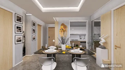 modern dining area featuring an elegant table setting with minimalistic decor, showcasing creative design concepts for interior decor using Homestyler's real-time 3D rendering capability.