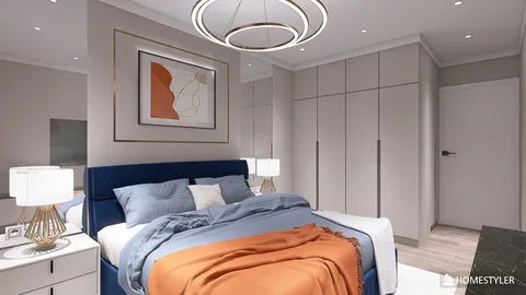 cozy bedroom with a blue bed and orange throw blanket featuring smart furniture arrangement in a modern style to optimize small space using Homestyler's real-time 3D rendering.