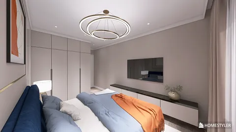 modern bedroom design showcasing a cozy layout with a focus on smart furniture arrangement, featuring a soft color palette and elegant lighting; highlights Homestyler's real-time 3D rendering capability.