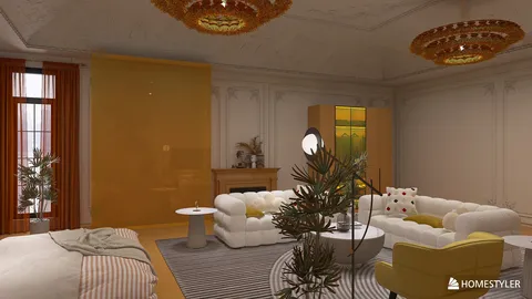 cozy living room with modern furniture arrangement featuring white sofas and a round coffee table, designed in a contemporary style, showcasing interior decor optimization using Homestyler's real-time 3D rendering feature.