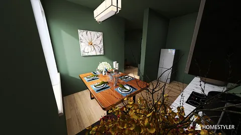 modern dining area featuring a wooden table set with dishes, showcasing a green wall style, enhancing the space value for intimate gatherings, utilizing Homestyler's real-time 3D rendering functionality.