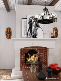 cozy fireplace featuring a modern art piece above, styled with rustic decor and warm lighting, enhancing the living room vibe with a focus on interior design and Homestyler's real-time 3D rendering feature.
