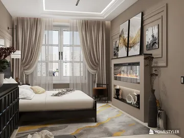 cozy bedroom design featuring a modern fireplace and elegant curtains, showcasing interior decor optimization with Homestyler's real-time 3D rendering feature.