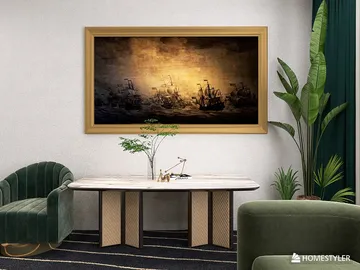 a stylish interior design featuring a decorative painting, showcasing a modern art style, enhancing the aesthetic of a living room space, utilizing Homestyler's real-time 3D rendering feature for design proposal demonstration.