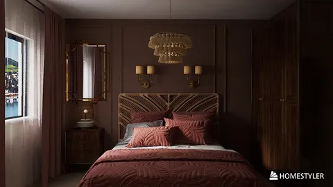 luxurious bedroom design featuring elegant bedding and a chandelier in a modern style, showcasing interior decor ideas with Homestyler's real-time 3D rendering feature.