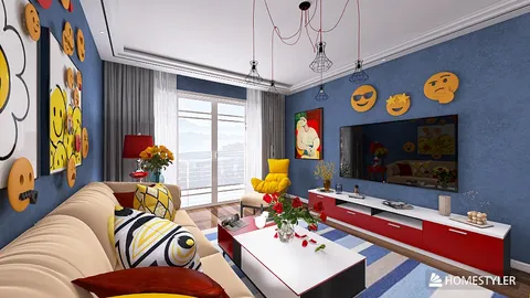 living room with colorful emoji decor featuring a comfortable sofa and vibrant artwork, showcasing a playful modern style, utilizing Homestyler's real-time 3D rendering for enhanced design visualization.