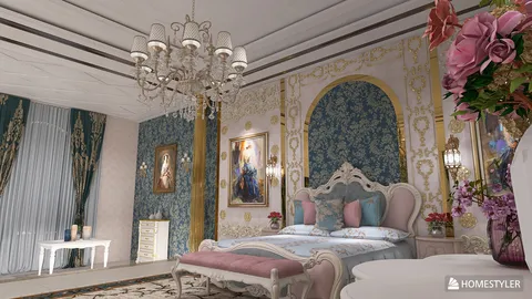 luxurious bedroom design featuring ornate furniture and floral wallpaper, showcasing a classic style for interior decor optimization using Homestyler's real-time 3D rendering.