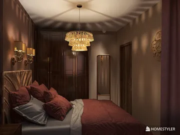 cozy bedroom design featuring a luxurious chandelier and rich textiles, showcasing interior decor with Homestyler's real-time 3D rendering functionality.