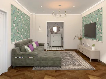 modern living room with sectional sofa arranging in a cozy layout featuring floral wallpaper and wooden flooring, ideal for interior decor inspiration using Homestyler's real-time 3D rendering.