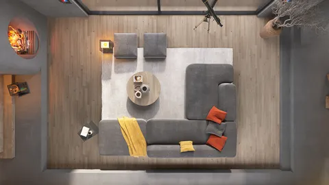 3D rendering of a cozy living room layout featuring a sectional sofa and armchairs in a modern style, showcasing interior design ideas with Homestyler's real-time 3D rendering feature.