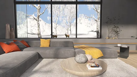 modern living room with a grey sectional sofa and colorful cushions, featuring large windows revealing a snowy landscape, showcasing interior decor ideas and utilizing Homestyler's real-time 3D rendering feature.