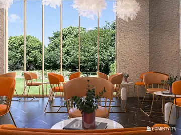 bright cafe interior featuring orange chairs and a view of greenery, showcasing modern design style, optimized with Homestyler's real-time 3D rendering feature.