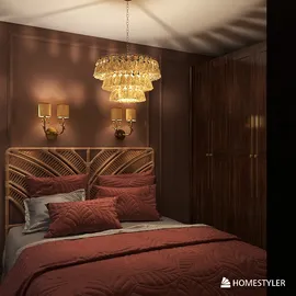 luxurious bedroom design featuring a cozy bed with textured pillows and a stylish chandelier, showcasing a warm color palette and elegant decor, utilizing Homestyler's real-time 3D rendering feature for an immersive viewing experience.