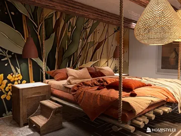 Cozy bedroom with hanging bed, featuring natural wood elements and warm colors, emphasizing an inviting atmosphere for relaxation, showcasing Homestyler's real-time 3D rendering.