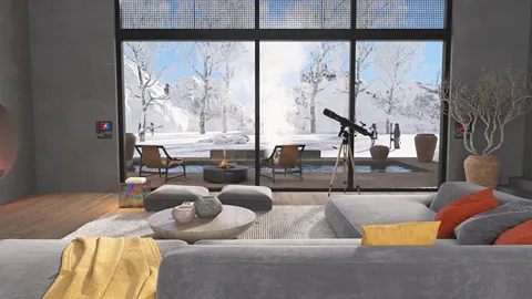 Modern living room featuring a cozy sofa arrangement with a blanket, optimizing space with a view of snowy landscape, showcasing the immersive 3D rendering capabilities of Homestyler for interior design.