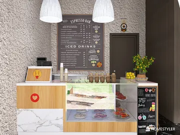 Coffee shop counter showcasing a modern design with stylish finishes, featuring a marble top and wooden accents, enhanced by Homestyler's real-time 3D rendering for an accurate preview of the design.