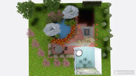 landscape garden design featuring a pond, flower beds, and a seating area in a serene style for outdoor space value; showcasing Homestyler's 3D rendering capabilities.