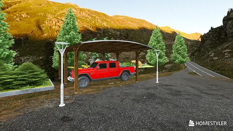 a red truck parked under a wooden shelter surrounded by trees and mountains, showcasing a rustic outdoor design in a natural landscape, highlighting the AR virtual placement feature of Homestyler.