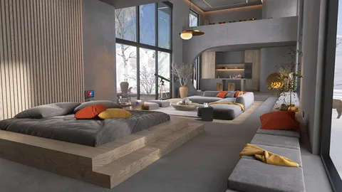 A cozy modern living room featuring low-profile beds, stylish cushions, and an open layout design that emphasizes comfort and relaxation, created using Homestyler's real-time 3D rendering feature.