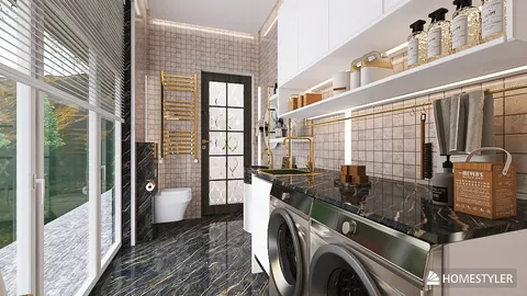 modern laundry room featuring elegant cabinetry and stylish appliances, utilizing Homestyler's real-time 3D rendering for a professional design preview.