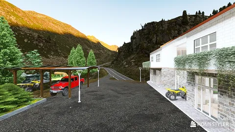 landscape view with a red truck and ATV placement in a rustic setting, showcasing outdoor design with Homestyler's AR furniture placement feature