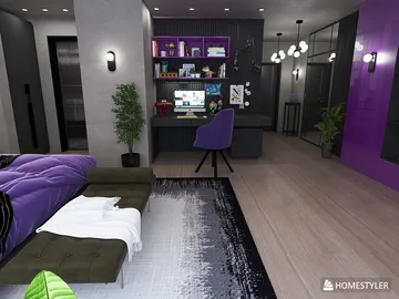 modern home office setup featuring a sleek desk with a computer and purple accents, designed using Homestyler's real-time 3D rendering for immersive interior decor ideas.