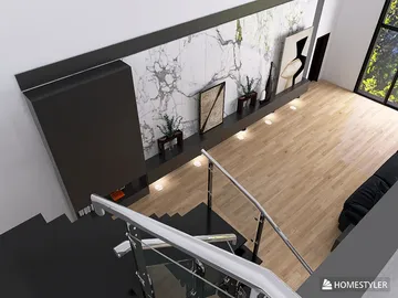Elegant staircase leading to a modern living room with marble wall accents, designed using Homestyler's real-time 3D rendering feature, showcasing contemporary interior decor.