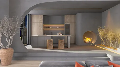 modern kitchen design featuring a sleek curved structure with integrated wooden elements and ambient lighting, utilizing Homestyler's real-time 3D rendering for an efficient design preview.