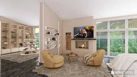 Cozy living room design featuring a modern seating area with plush armchairs and a stylish TV setup, incorporating a contemporary aesthetic for an inviting atmosphere; showcases Homestyler's real-time 3D rendering feature for effective design visualization.