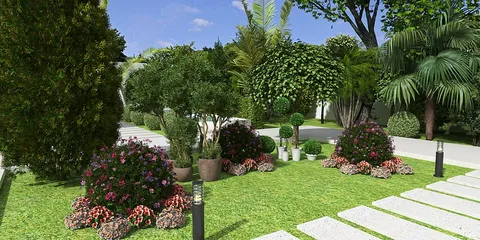 lush garden landscape featuring diverse plants and flowers, enhancing outdoor space, designed using Homestyler's 3D rendering for realistic visualization