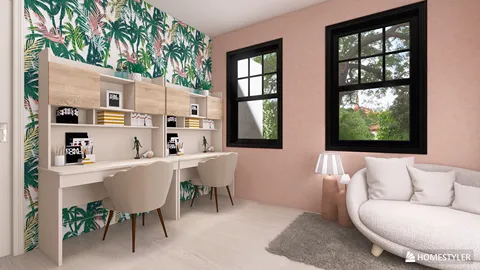 modern workspace with dual desks, featuring tropical wallpaper and a cozy seating area, optimized for small home office design using Homestyler's real-time 3D rendering feature.