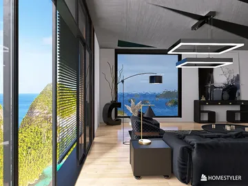 modern living room design featuring large windows with ocean view, showcasing real-time 3D rendering to visualize space, emphasizing interior decor with a sleek style