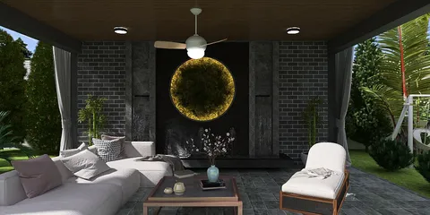 outdoor seating area with a modern sofa and armchair featuring a curved design, enhanced with greenery and natural lighting, showcasing a cozy atmosphere for relaxation, utilizing Homestyler's real-time 3D rendering feature.