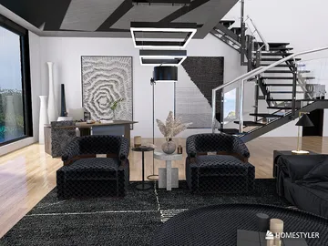 Stylish living room featuring a modern seating arrangement with two elegant chairs, designed in a contemporary style for optimizing space with smart furniture placement using Homestyler.
