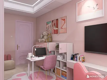 pink children's room featuring a study desk with a computer, soft toys, and artwork on the wall, showcasing cozy and playful interior design using Homestyler's real-time 3D rendering functionality.