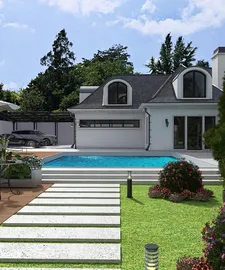 modern villa exterior design featuring a swimming pool, landscaped garden, and outdoor patio space, showcasing Homestyler's real-time 3D rendering capabilities.