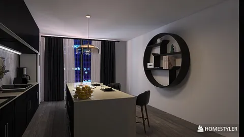 modern kitchen design with functional island layout featuring smart furniture arrangement and ambient lighting, showcasing Homestyler's real-time 3D rendering capabilities.