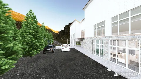 modern house exterior featuring a driveway with parked cars and surrounding trees in a serene landscape, showcasing 3D rendering capabilities with Homestyler for architectural visualization.