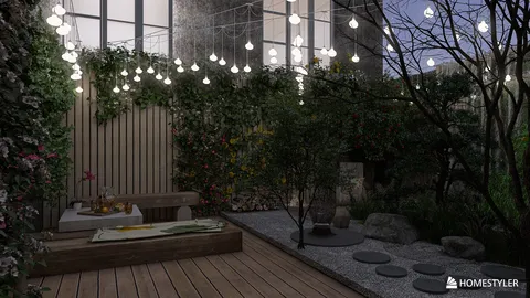 outdoor space with decorative lighting and greenery, creating a cozy atmosphere for relaxation, showcasing Homestyler's real-time 3D rendering feature.