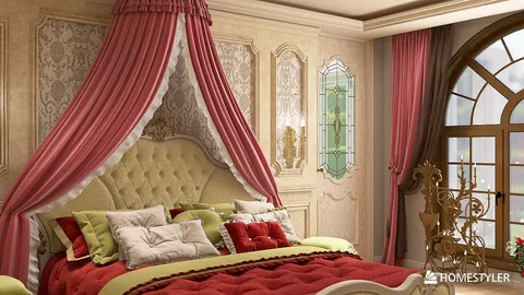 luxurious bedroom with a tufted headboard and elegant drapery creating a romantic atmosphere, showcasing interior design trends for stylish home decor using Homestyler's real-time 3D rendering feature.