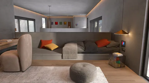 modern living room design featuring a cozy seating area with artistic cushions, enhancing space utilization with smart furniture arrangement, utilizing Homestyler's real-time 3D rendering for realistic visualization.