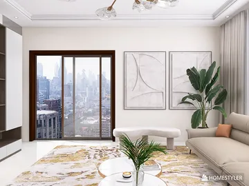 modern living room interior design featuring stylish artwork, optimizing space with smart furniture arrangement, enhanced with Homestyler's real-time 3D rendering functionality.